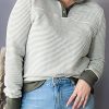 Green Striped Contrasting Trim Plus Size Henley Pullover