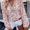 Women's White Floral Long Sleeve Lace V-Neck Blouse