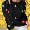 Black Plus Size Flower Embroidered Puff Sleeve Top