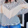 Multicolor Leopard Colorblock Striped Patchwork Plus Size Long Sleeve Tee