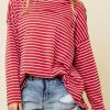 Women's Casual Red Striped Drop Shoulder Long Sleeve Top