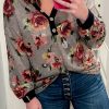 Women's Gray Floral Long Sleeve Plus Size Henley Top