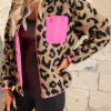 Leopard Colorblock Pocket Zipper Fuzzy Fleece Jacket