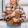 Women's Khaki Plaid Corduroy Flap Pockets Boxy Chunky Jacket