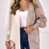 Khaki Leopard Patchwork Smocked Cuffs Open Front Cardigans