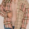 Pink Plus Size Color Block Plaid Long Sleeve Shirt With Pocket