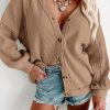 Khaki Exposed Seam Buttons Front Waffle Knit Cardigan