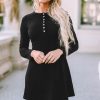 Women's Elegant Black Solid Long Sleeve Henley Dress