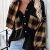 Women's Black Plaid Patchwork Chest Pockets Oversized Shirt Jacket