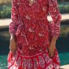 Red Hot Boho Floral Tie Wrap V Neck Ruffle Dress