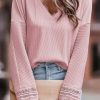 Pink Ribbed Texture Lace Trim V Neck Long Sleeve Top