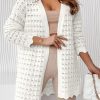 White Wavy Trim Open Knit Long Sleeve Cardigan