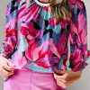 Multicolor Floral Print Ruched Sleeve Puff Sleeve Blouse