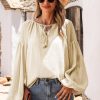 Women's Chic Apricot Lantern Sleeve Stripe Tassel Drawstring Blouse