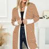 Brown Striped Side Pockets Open Front Cardigan