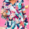 Multicolor Abstract Print Frill Tie V Neck Long Sleeve Blouse