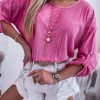 Women's Elegant Rosy Pleated Texture Roll Tab Sleeve Blouse