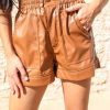 Women's Trendy Brown Patch Pockets Faux Leather High Rise Shorts