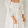 White Jacquard Square Neck Bubble Sleeve Dress