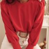 Red Button Tab Detail Long Sleeve Top