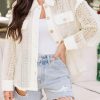 Women's Beige Lace See-through Button Collared Shacket