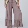 Women's Khaki Frilled Drawstring High Waist Wide Leg Pants