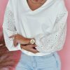 White V-neck Embroidered Patchwork Puff Sleeve Blouse