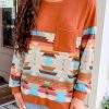 Brown Western Aztec Patchwork Long Sleeve Top