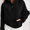 Women's Black Zip Up Stand Collar Ribbed Thumbhole Sleeve Sweatshirt