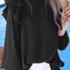 Black Button Keyhole Back Pleated Ruffle Trim Blouse