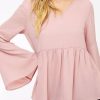 Pink V-Neck Bell Sleeve Back-Tie Ruffled Blouse