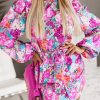 Women's Elegant Purple Floral Keyhole Back Long Sleeve Belted Dress