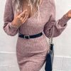 Women's Elegant Pink V Neck Bodycon Sweater Dress