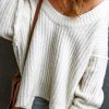 Women's White Ribbed Knit Round Neck Slouchy Chunky Sweater