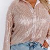 Women's Plus Size Apricot Sequin Long Sleeve Button-Up Shirt