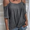 Gray Spaghetti Straps Off-shoulder Pleated Short Sleeve Top