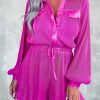 Rose Pleated Long Sleeve Buttoned Drawstring Romper