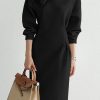 Black Solid Color Cinched Waist Long Sleeve Maxi Dress