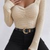 Women's Apricot Square Neck Ruched Textured Knit Top