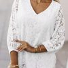 White Floral Lace Crochet Loose Fit V Neck Top