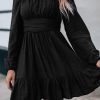 Black Ruched Square Neck Puff Sleeve Mini Dress