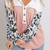 Pink Leopard Sleeve Patchwork Waffle Knit Top