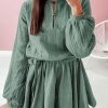 Pickle Green Button Neck Puff Sleeve Belted Pleated Mini Dress