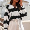 Black Striped Turn Down Collar Balloon Sleeve Blouse