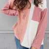 Peach Blossom Long Sleeve Colorblock Chest Pocket Textured Knit Top