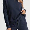 Stay Comfortable And Chic In This Navy Blue Textured Long Sleeve Top And Shorts Set