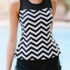 Black White Zigzag Print Mesh Splice 2pcs Tankini Swimsuit