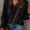 Black Ribbed Patch Pocket Button Split Neck Top