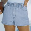 Sky Blue Paperbag Waist Washed Denim Shorts