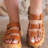 Brown Dotty PU Buckle Straps Gladiator Platform Slippers